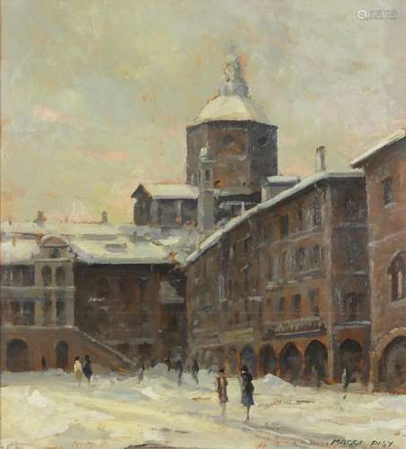 Sergio Maggi Pisy - Snowy town scene, signed oil on board, mounted, framed and glazed, 37cm x 33.5cm