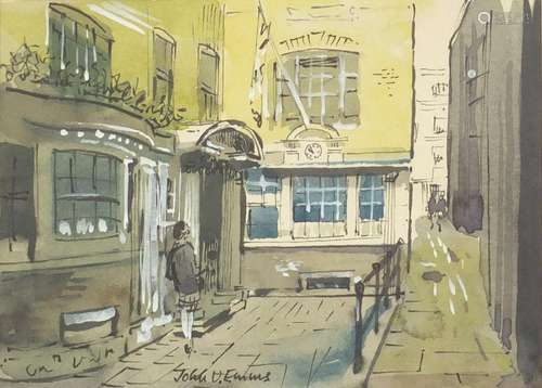 John V Emms - Exchange Court Strand, London, watercolour, mounted and framed, 15cm x 11cm : For