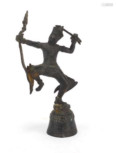 Asian patinated bronze table bell in the form of a huntsman, 20cm high : For Further Condition