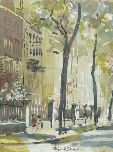 John V Emms - Cheyne Walk, Chelsea, London, watercolour, mounted and framed, 60cm x 11cm : For