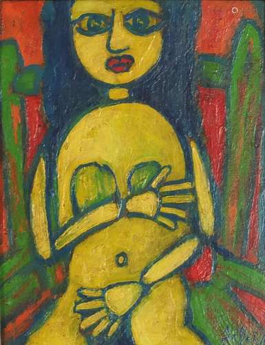 Surreal seated figure, oil on board, mounted and framed, 24cm x 18.5cm : For Further Condition