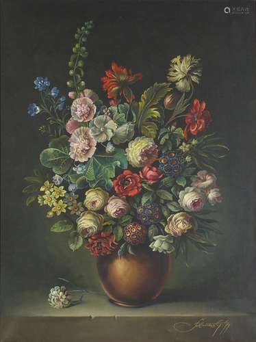 Still life flowers in a vase, well detailed oil on canvas, indistinctly signed, framed, 80cm x