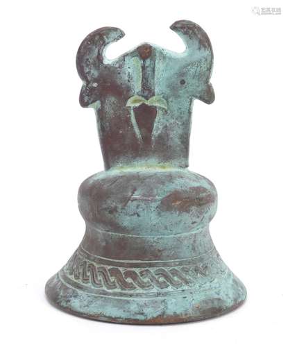 Islamic patinated bronze weight with copper and silver inlay, 10.5cm high : For Further Condition