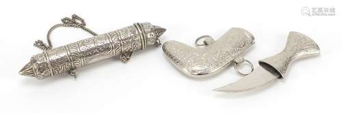 Middle Eastern embossed silver coloured metal Koran holder and jambaya dagger, the largest 19.5cm in