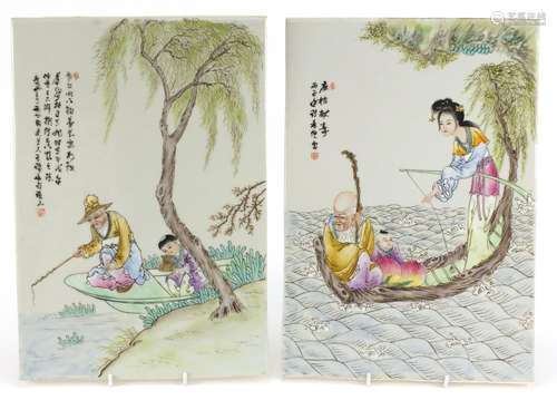 Pair of Chinese porcelain panels hand painted with figures in boats and calligraphy, each 36.5cm x