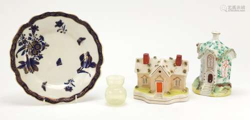 Victorian ceramics and a vaseline glass vase comprising two pastille burners and a Chamberlains