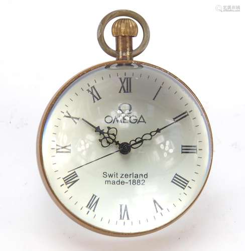 Brass and glass globular desk clock, 6cm in diameter : For Further Condition Reports Please Visit