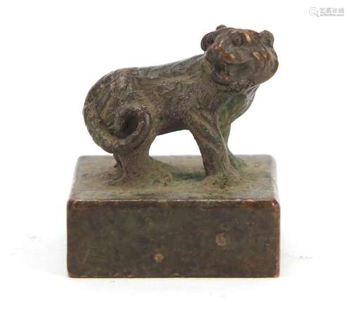 Chinese patinated bronze tiger seal with character marks, 3cm high : For Further Condition Reports