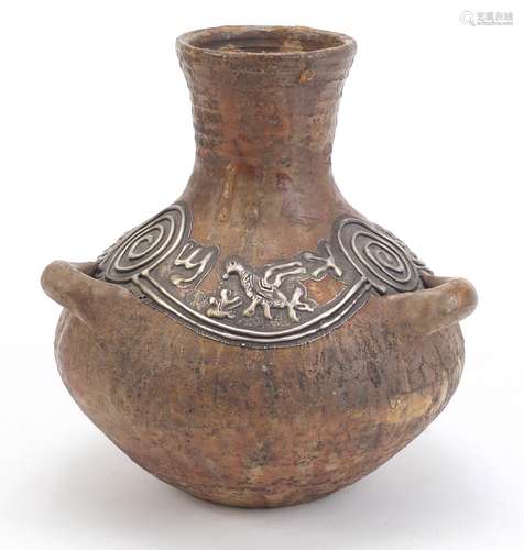 Roman style terracotta vase with three handles having embossed 925 silver overlay, impressed