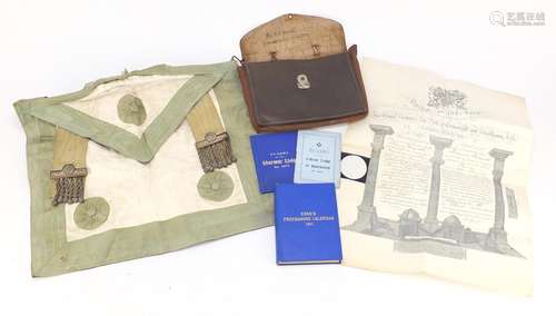 Freemason's sash, leather pouch and certificate and calendar : For Further Condition Reports