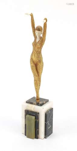 Art Deco style gilt bronzed figure of a dancer raised on a marble or onyx base, 35cm high : For