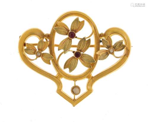 French Art Nouveau gold floral brooch set with red stones and seed pearls, 3.5cm wide, 3.4g : For