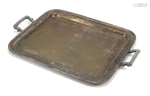 Large silver plated serving tray with twin handles, 55cm wide : For Further Condition Reports Please