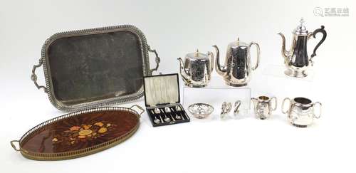 Silver, silverplate and an Italian Sorrento ware tray, including three silver apostle spoons, four