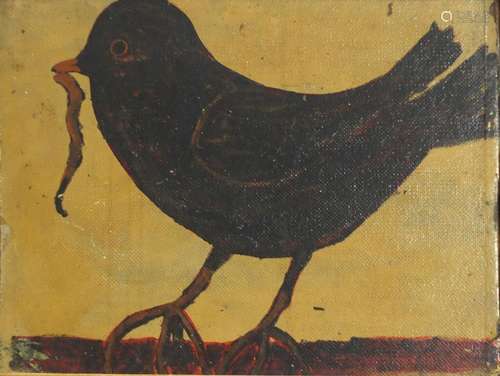 Bird with a worm, early 20th century Folk Art oil on panel, framed, 37.5cm x 28cm : For Further