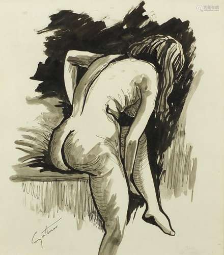 Portrait of a nude female, ink and watercolour, bearing a signature Guttuso, framed and glazed, 30.