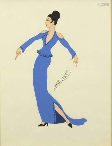 After Erté - Fashion design, gouache, framed and glazed, 34cm x 26.5 : For Further Condition Reports