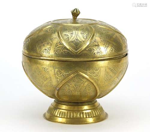 Indian brass pedestal bowl and cover decorated with flowers, 25.5cm high : For Further Condition