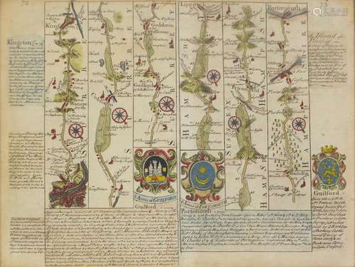 Early 18th century hand coloured road map of London to Portsmouth, framed and glazed, 24.5cm x 18.