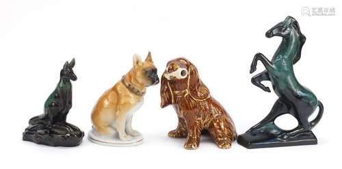 Four collectable china animals including USSR dog and Blue Mountain, the largest 29.5cm high : For