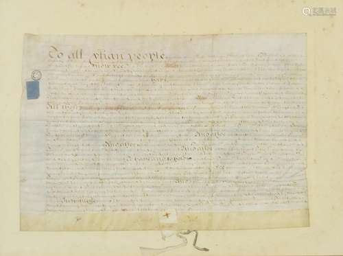 Antique vellum document inscribed Robert Earl, mounted, framed and glazed, 49cm x 34cm : For Further