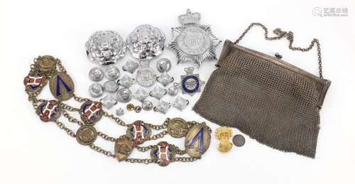 Objects including a silver plated chain link purse, Metropolitan Police badge and Alva Museum brooch