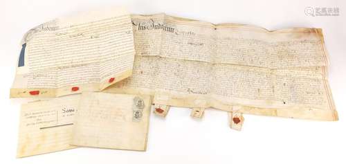 Four antique vellum documents, two with wax seals : For Further Condition Reports Please Visit Our