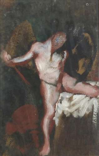 Manner of Keith Vaughan - Nude male, Impressionist oil on paper, mounted, framed and glazed, 59cm