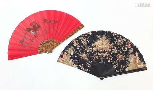 Two Victorian style brise fans including one hand painted with a female catching insects, the