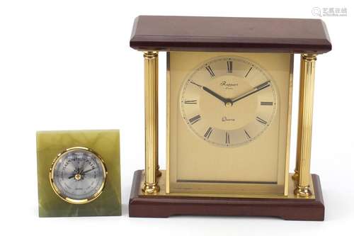 Repport mahogany and brass mantle clock and an Onyx desk barometer, the largest 20.5cm high : For