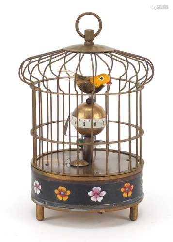 Brass and enamel clockwork automaton bird cage clock, 19.5cm high : For Further Condition Reports