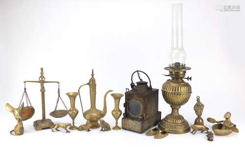 Metalware including a brass oil lamp with glass funnel, Southern Railway lamp and dallah coffee