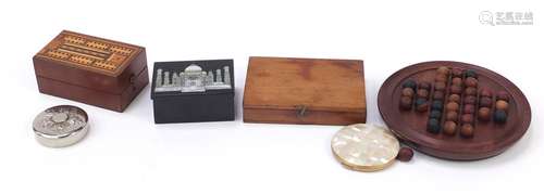 Sundry items including a solitaire board, inlaid folding cribbage board, mother of pearl inlaid