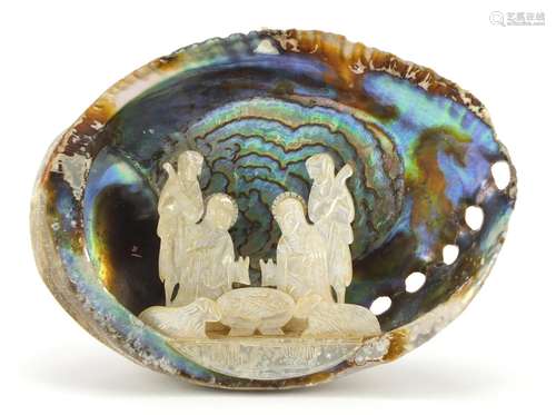 Carved mother of pearl nativity diorama, 16cm wide : For Further Condition Reports Please Visit