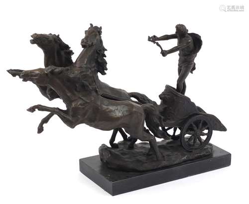 Large patinated bronze group of a figure in a horse drawn chariot, 37cm H x 61cm W x 20cm : For