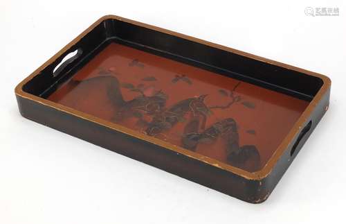 Japanese lacquered twin handled tray hand painted with a bird amongst flowers, 46cm wide : For