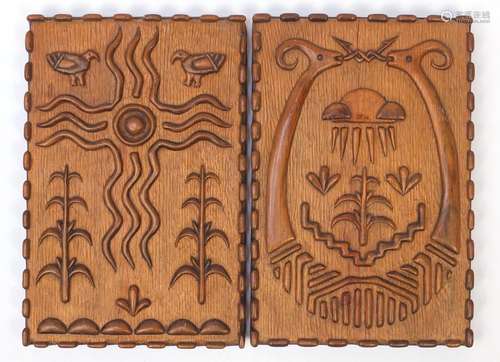 Pair of Folk Art style light wood panels carved with animals and flowers, each 43cm x 29cm : For