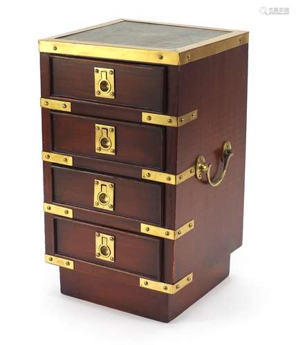 Campaign style mahogany four drawer jewellery chest with leather top and carrying handles, 37.5cm