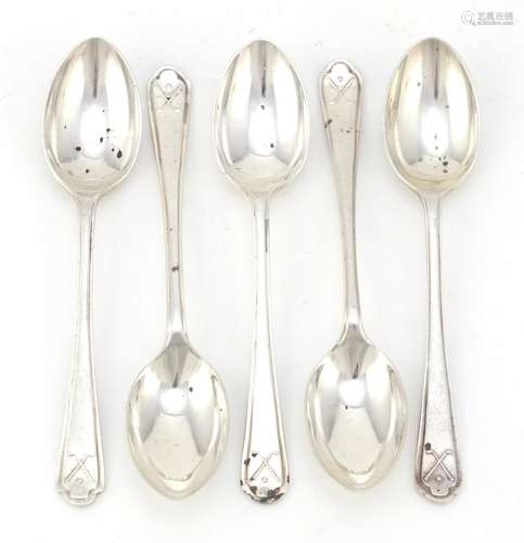 Set of five golfing interest silver teaspoons by Walker & Hall, 11cm in length, 68.2g : For