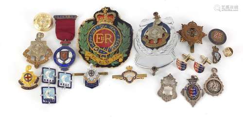 Military and other badges and jewels including silver masonic jewel, The Royal Sussex Regiment