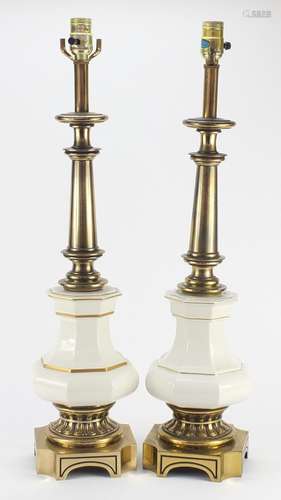 Pair of brass Stiffle table lamps with porcelain bodies, each 68.5cm high : For Further Condition