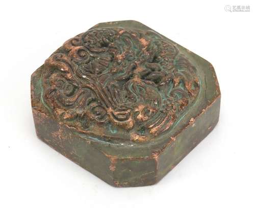 Chinese patinated bronze dragon and phoenix design seal with character marks, 4.5cm x 4.5cm : For