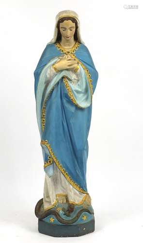 Large floor standing pottery figure of a Madonna standing on a serpent, 115cm high : For Further