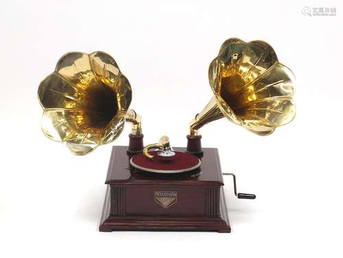 Retro Victrola style gramophone with two brass horns, 67cm high : For Further Condition Reports