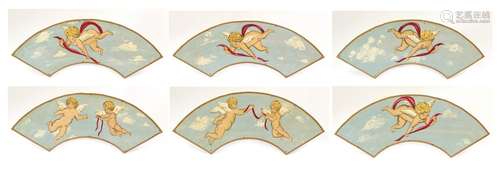 Six classical wall hangings hand painted with putti, each 132cm x 52cm : For Further Condition