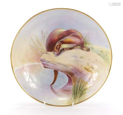 Minton porcelain bowl hand painted with an otter by L Sumner, 29cm in diameter : For Further