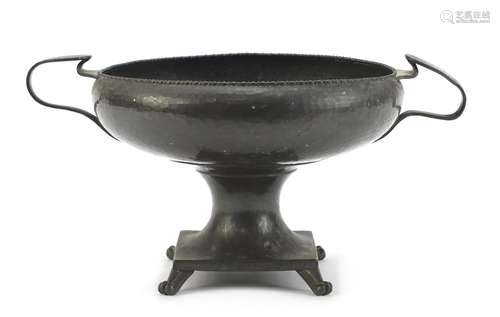 Arts & Crafts pewter centrepiece with twin handles, 16cm high x 31.5 cm wide : For Further Condition