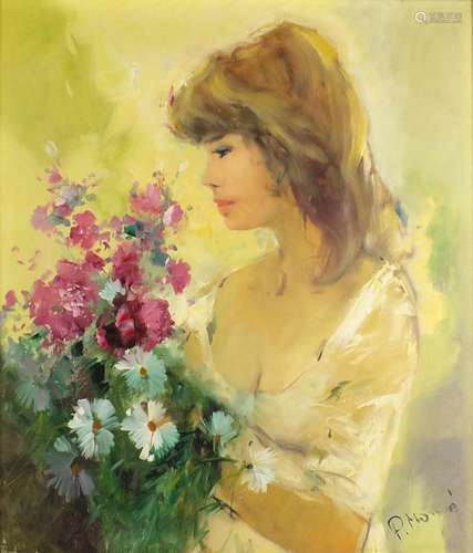 Paul Morro - Une fille avec fleurs, female looking at flowers, oil on canvas, certificate verso,