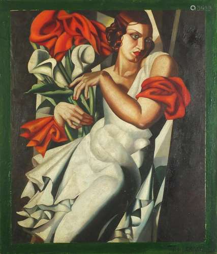 Manner of Tamara de Lempicka - Art Deco female, oil on canvas laid on board, framed, 68cm x 60cm :