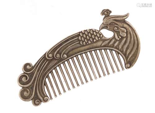 Chinese silver coloured metal phoenix design comb, 9.5cm wide : For Further Condition Reports Please